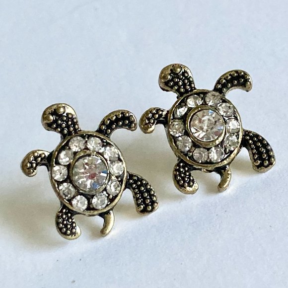 Crystal Sea Turtle Post Earrings Gold Tone Plated Nautical Island Beach Dainty - Picture 6 of 12